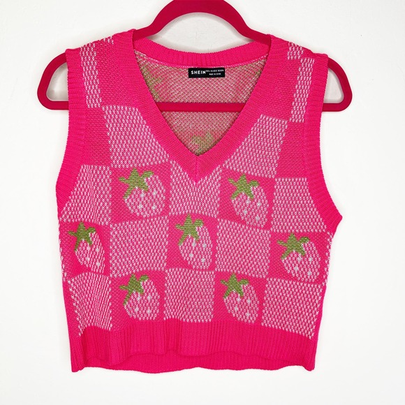 None Sweaters - V Neck Strawberry Gingham Knit Barbie Hot Pink Sweater Vest L